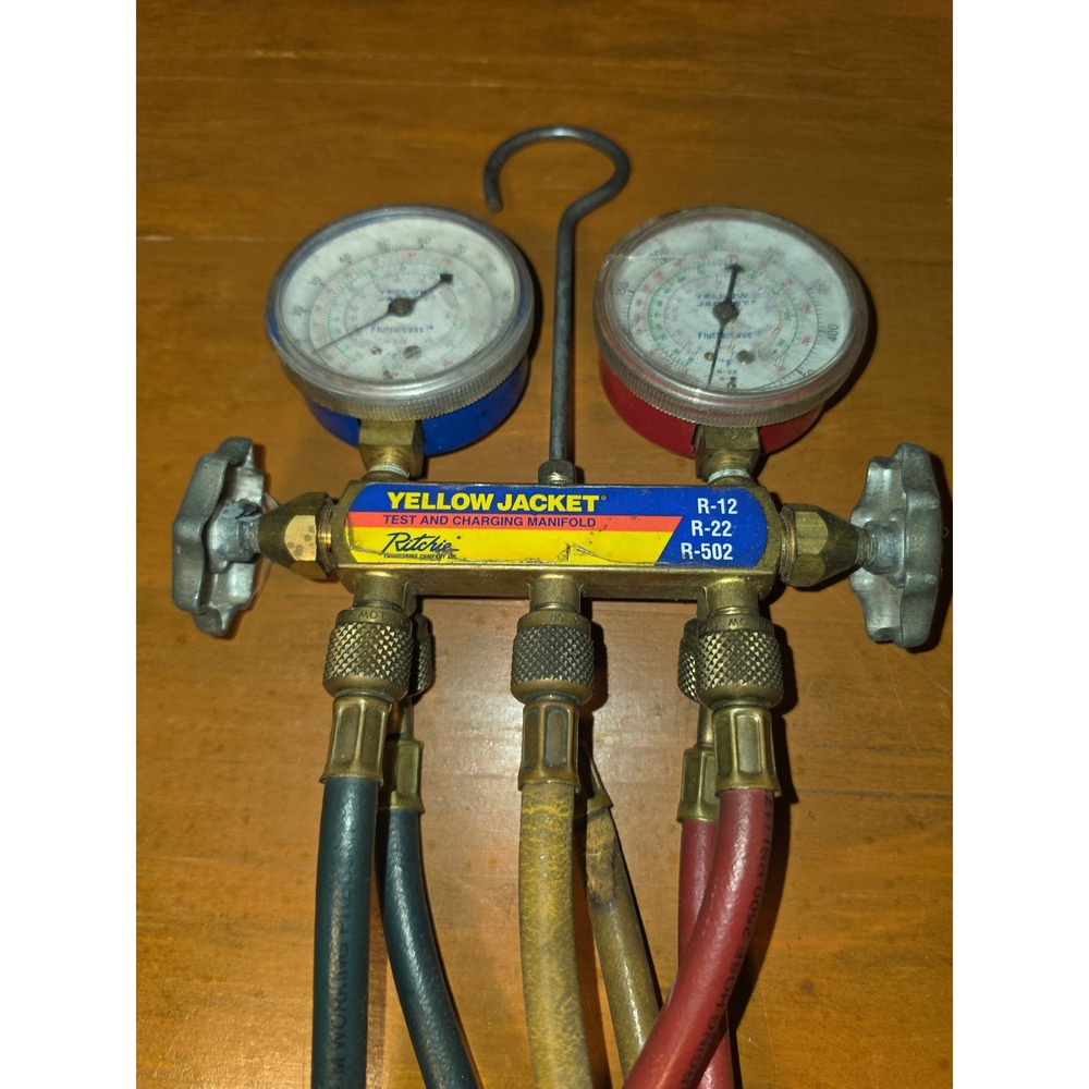 Yellow Jacket Ritchie HVAC Manifold Gauge Set R-12 R-22 R-502 Brass Body Hoses - Picture 2 of 4